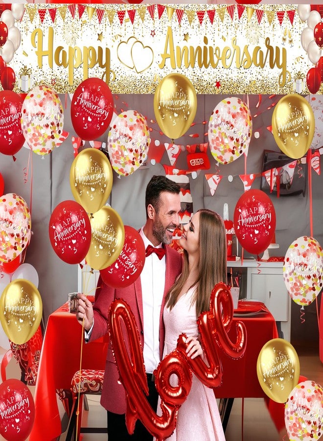 Yoirrat Red Gold Happy Anniversary Banner & Yard Sign with 18pcs 12" Latex Balloons for Wedding Party Supplies - Image 3